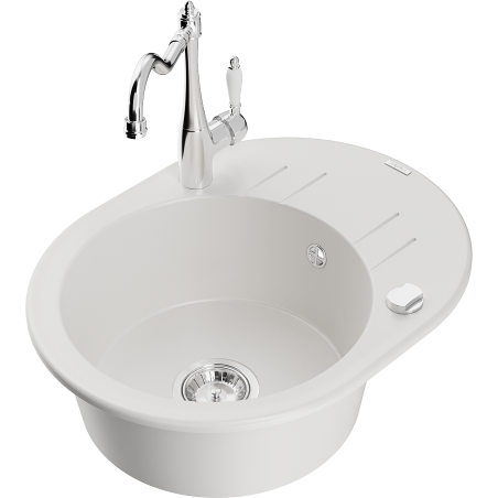 Mexen Kevin granite sink 1-bowl with drainer and Carla kitchen tap, white - 6517-20-670700-00