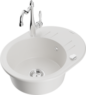 Mexen Kevin 1-compartment granite sink with a drip tray and kitchen mixer tap Carla, White - 6517-20-670700-00