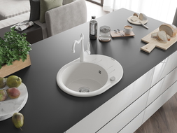 Mexen Kevin granite sink 1-bowl with drainer and kitchen tap Carla, white - 6517-20-670700-20
