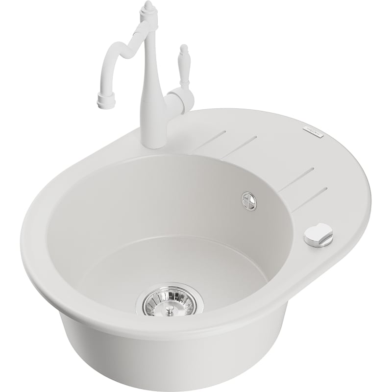 Mexen Kevin Granite Kitchen Sink 1-Bowl with Drainer and Carla Kitchen Faucet, White - 6517-20-670700-20
