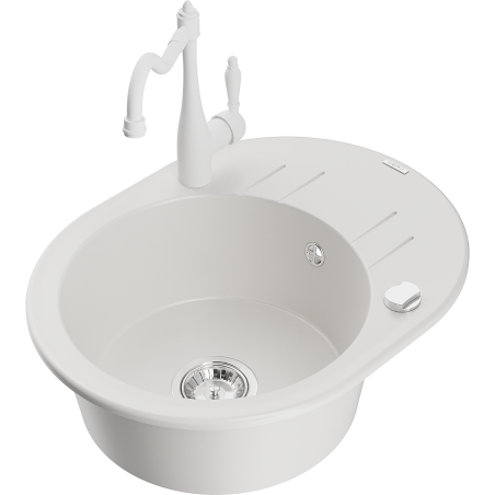 Mexen Kevin 1-bowl granite sink with drainer and Carla kitchen faucet, white - 6517-20-670700-20