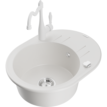 Mexen Kevin Granite Kitchen Sink 1-Bowl with Drainer and Carla Kitchen Faucet, White - 6517-20-670700-20