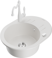 Mexen Kevin 1-compartment granite sink with a drip tray and kitchen mixer tap Carla, White - 6517-20-670700-20