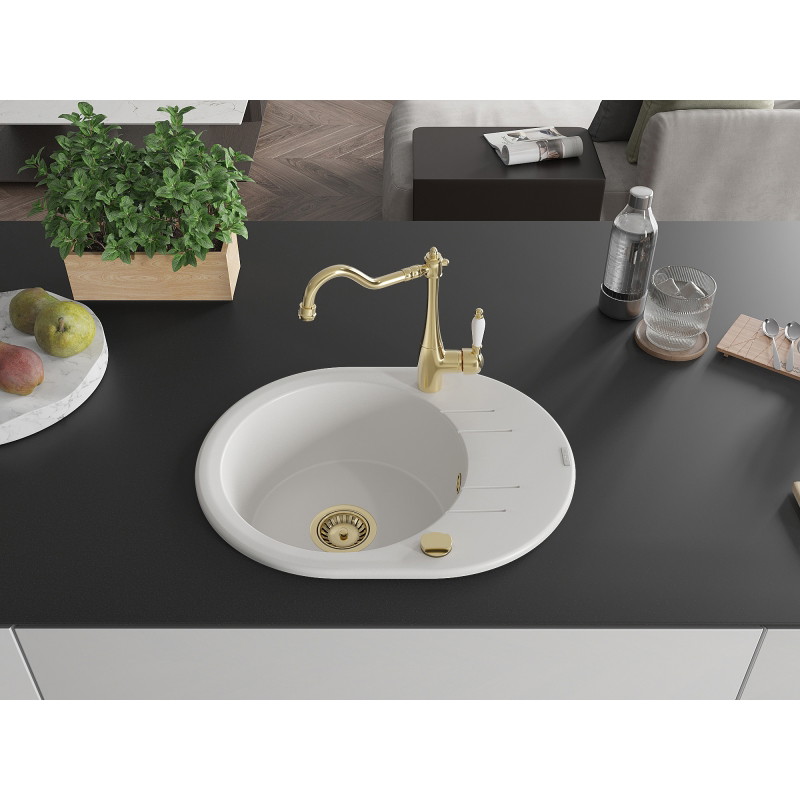 Mexen Kevin granite kitchen sink 1-bowl with drainer and Carla kitchen faucet, white - 6517-20-670700-50