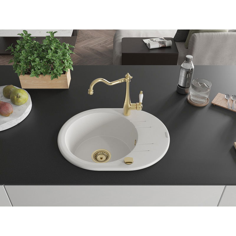 Mexen Kevin granite sink 1-bowl with drainer and kitchen tap Carla, white - 6517-20-670700-50