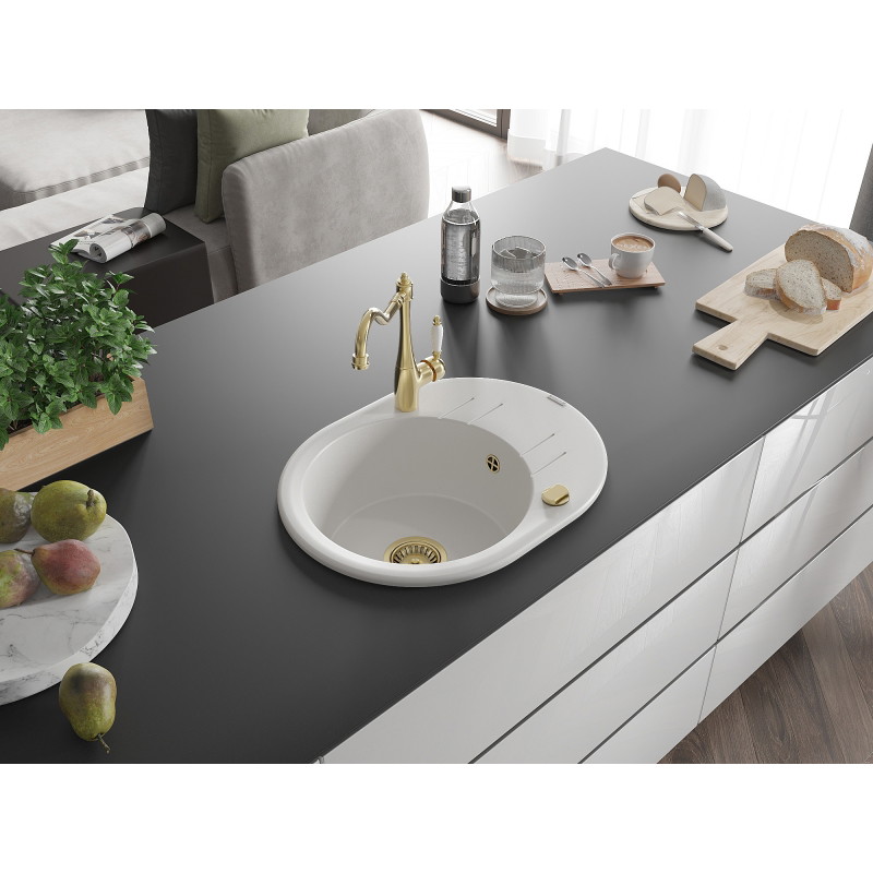 Mexen Kevin granite kitchen sink 1-bowl with drainer and Carla kitchen faucet, white - 6517-20-670700-50