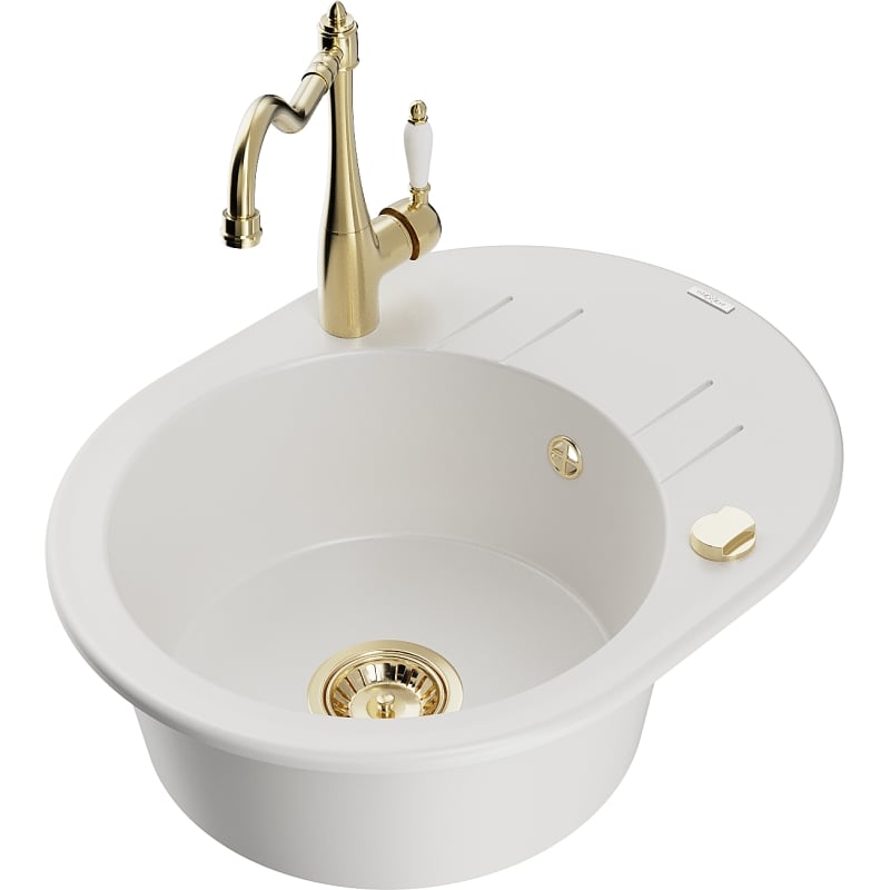 Mexen Kevin granite kitchen sink 1-bowl with drainer and Carla kitchen faucet, white - 6517-20-670700-50
