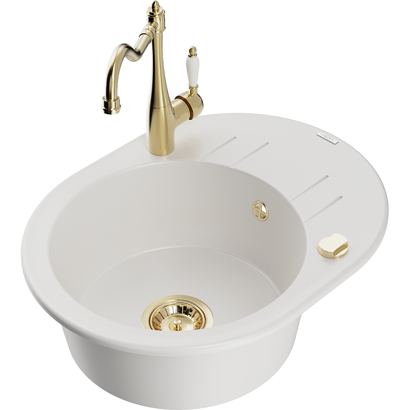 Mexen Kevin granite sink 1-bowl with drainer and kitchen tap Carla, white - 6517-20-670700-50