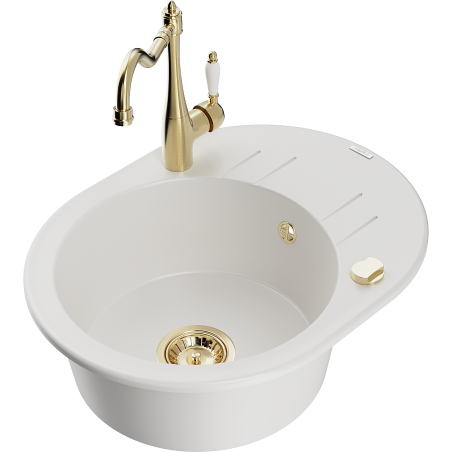Mexen Kevin granite kitchen sink 1-bowl with drainer and Carla kitchen faucet, white - 6517-20-670700-50