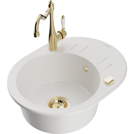 Mexen Kevin granite sink 1-bowl with drainer and kitchen tap Carla, white - 6517-20-670700-50