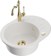 Mexen Kevin granite kitchen sink 1-bowl with drainer and Carla kitchen faucet, white - 6517-20-670700-50