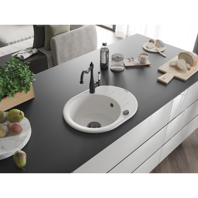 Mexen Kevin granite sink 1-bowl with drainer and kitchen faucet Carla, white - 6517-20-670700-70