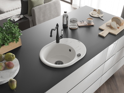 Mexen Kevin granite sink 1-bowl with drainer and kitchen faucet Carla, white - 6517-20-670700-70