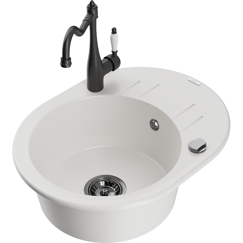 Mexen Kevin 1-bowl granite sink with drainer and Carla kitchen tap, white - 6517-20-670700-70
