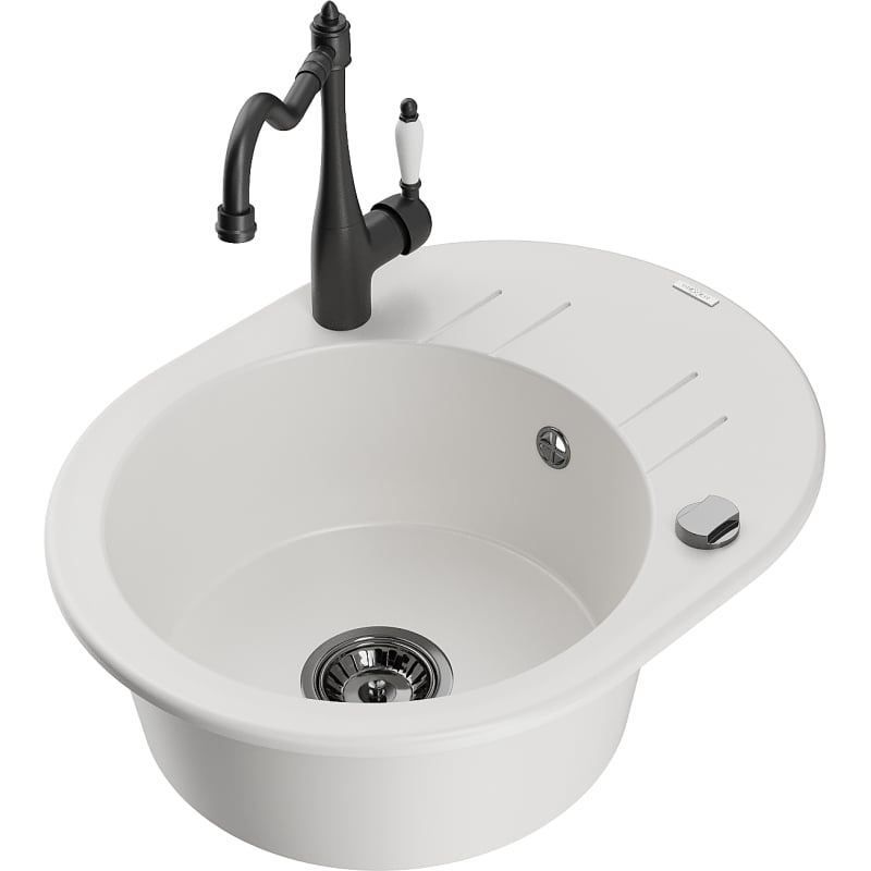Mexen Kevin granite sink 1-bowl with drainer and kitchen faucet Carla, white - 6517-20-670700-70
