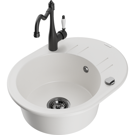 Mexen Kevin 1-bowl granite sink with drainer and Carla kitchen tap, white - 6517-20-670700-70