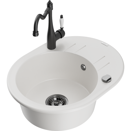 Mexen Kevin 1-compartment granite sink with a drip tray and kitchen mixer tap Carla, White - 6517-20-670700-70