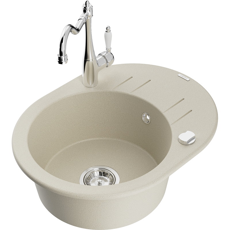 Mexen Kevin 1-bowl granite kitchen sink with drainer and Carla kitchen faucet, beige - 6517-69-670700-00