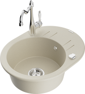 Mexen Kevin 1-bowl granite kitchen sink with drainer and Carla kitchen faucet, beige - 6517-69-670700-00