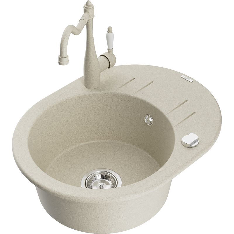 Mexen Kevin 1-bowl granite sink with drainer and Carla kitchen tap, beige - 6517-69-670700-69