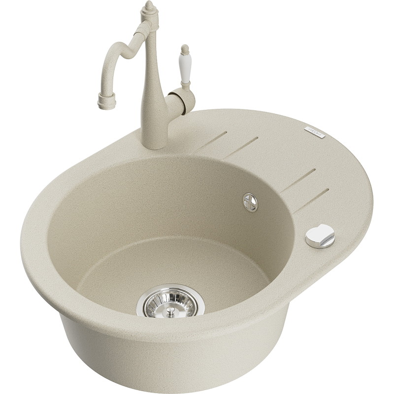 Mexen Kevin granite kitchen sink single-bowl with drainer and kitchen faucet Carla, beige - 6517-69-670700-69
