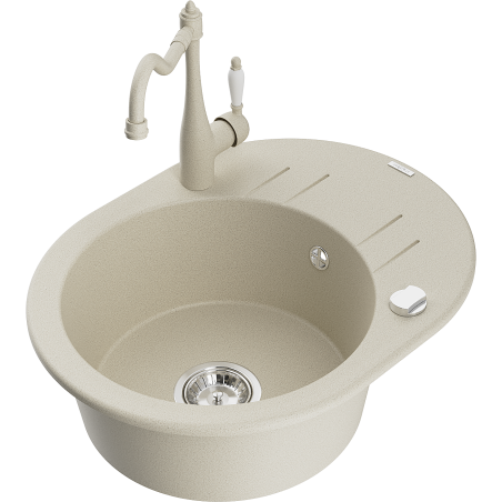 Mexen Kevin 1-bowl granite sink with drainer and Carla kitchen tap, beige - 6517-69-670700-69