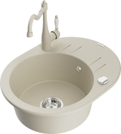 Mexen Kevin 1-compartment granite sink with a drip tray and kitchen mixer tap Carla, Beige - 6517-69-670700-69