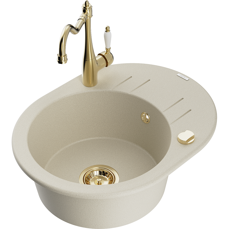 Mexen Kevin granite sink 1-bowl with drainer and Carla kitchen tap, beige - 6517-69-670700-50