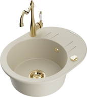 Mexen Kevin 1-compartment granite sink with a drip tray and kitchen mixer tap Carla, Beige - 6517-69-670700-50