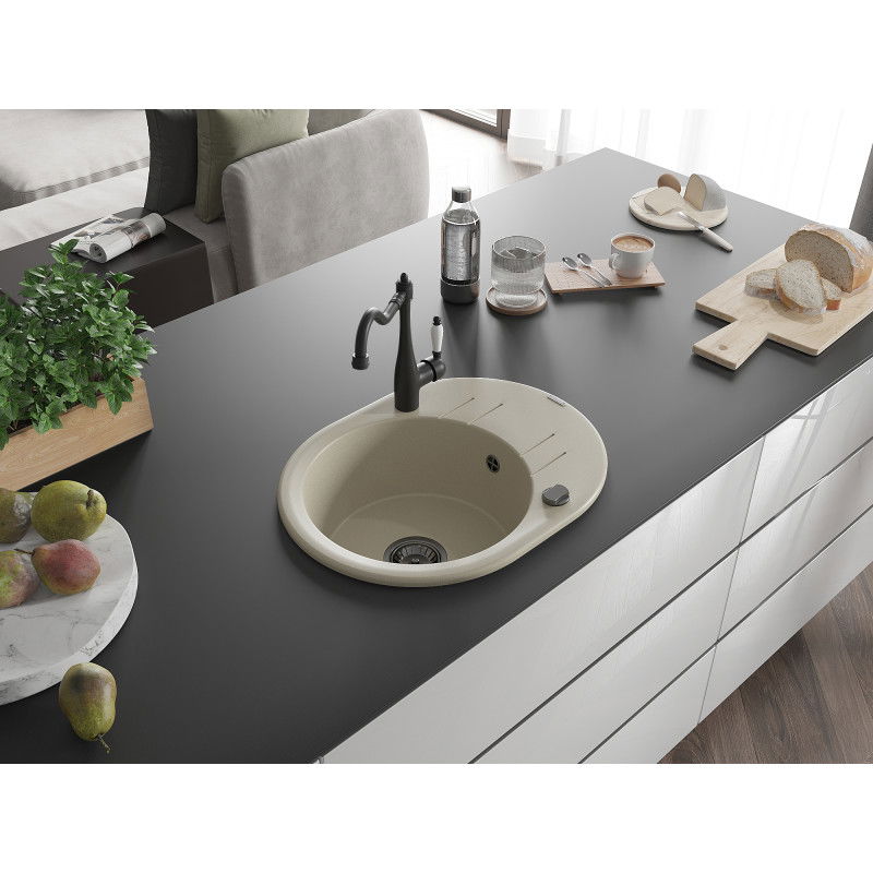 Mexen Kevin single-bowl granite sink with drainer and Carla kitchen tap, beige - 6517-69-670700-70
