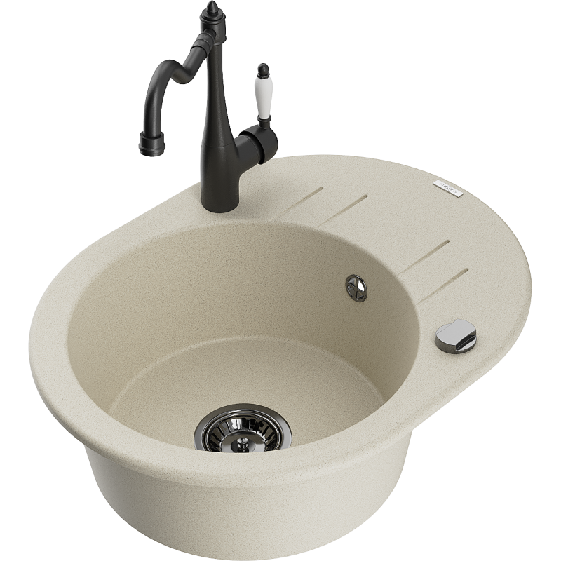 Mexen Kevin 1-compartment granite sink with a drip tray and kitchen mixer tap Carla, Beige - 6517-69-670700-70