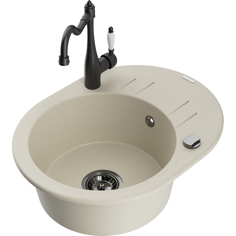 Mexen Kevin granite sink 1-bowl with drainer and Carla kitchen faucet, beige - 6517-69-670700-70