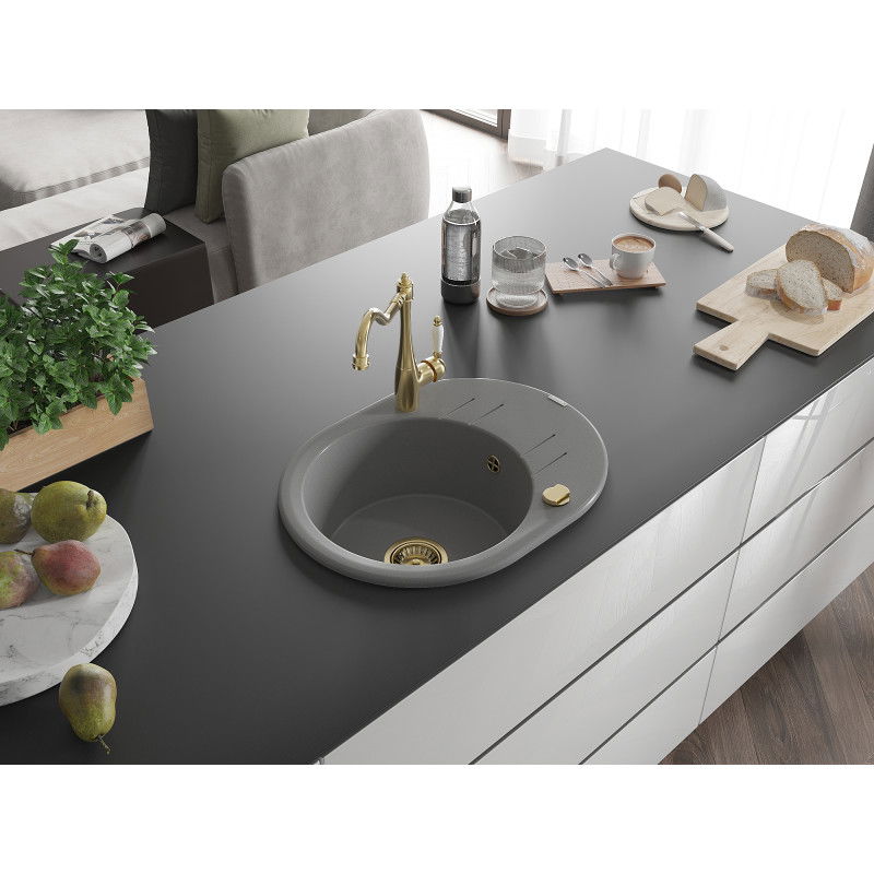 Mexen Kevin granite sink 1-bowl with drainer and Carla kitchen tap, grey - 6517-71-670700-50