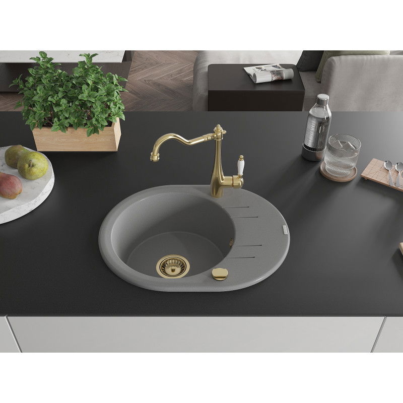 Mexen Kevin granite sink 1-bowl with drainer and Carla kitchen tap, grey - 6517-71-670700-50