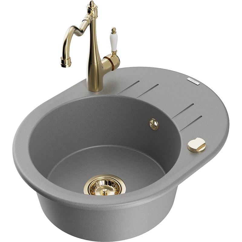Mexen Kevin granite kitchen sink 1-bowl with drainer and Carla faucet, gray - 6517-71-670700-50