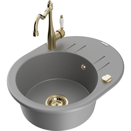 Mexen Kevin 1-bowl granite sink with drainer and Carla kitchen faucet, gray - 6517-71-670700-50