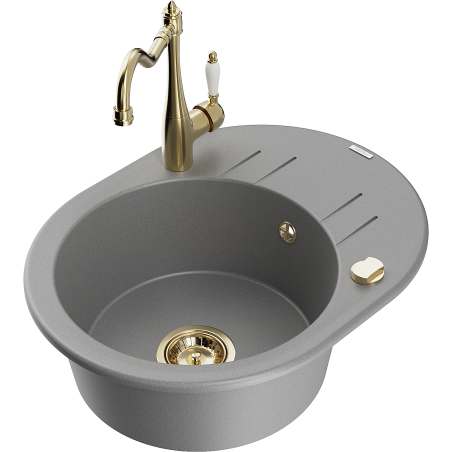 Mexen Kevin granite sink 1-bowl with drainer and Carla kitchen tap, grey - 6517-71-670700-50