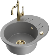 Mexen Kevin granite kitchen sink 1-bowl with drainer and Carla faucet, gray - 6517-71-670700-50