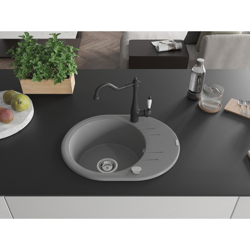 Mexen Kevin 1-bowl Granite Sink with Drainer and Kitchen Faucet Carla, Gray - 6517-71-670700-70