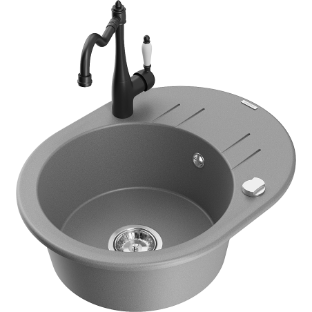 Mexen Kevin granite kitchen sink 1-bowl with drainer and Carla kitchen tap, grey - 6517-71-670700-70