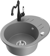 Mexen Kevin granite kitchen sink 1-bowl with drainer and Carla kitchen tap, grey - 6517-71-670700-70