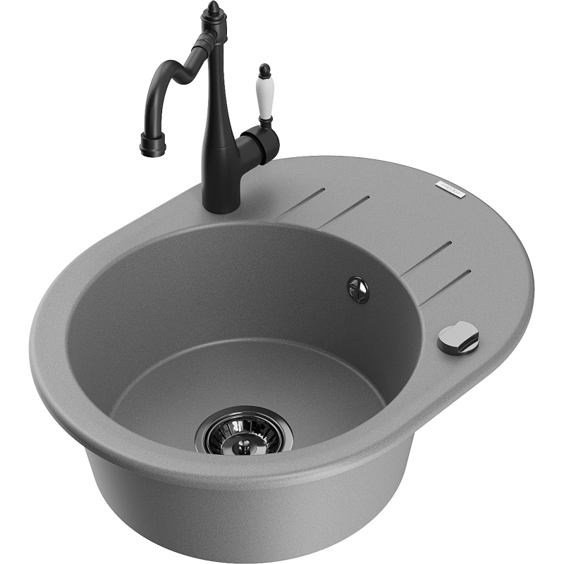 Mexen Kevin 1-compartment granite sink with a drip tray and kitchen mixer tap Carla, Grey - 6517-71-670700-70-B