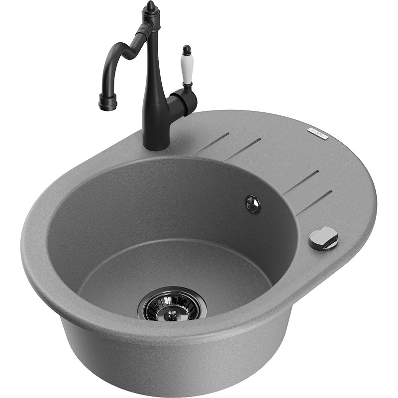 Mexen Kevin granit composite sink 1-bowl with drainer and kitchen faucet Carla, gray - 6517-71-670700-70-B