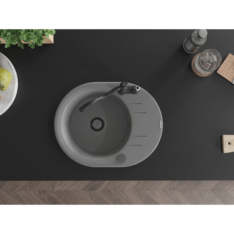 Mexen Kevin granit composite sink 1-bowl with drainer and kitchen faucet Carla, gray - 6517-71-670700-70-B