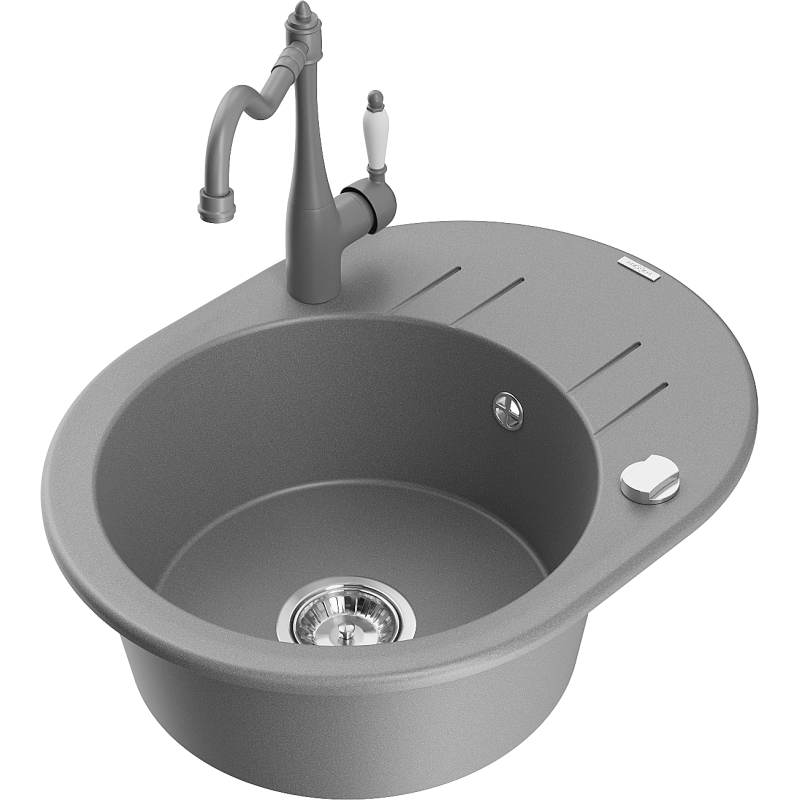 Mexen Kevin 1-bowl granite sink with drainer and Carla kitchen tap, grey - 6517-71-670700-71