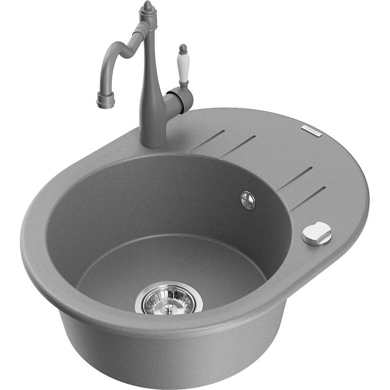 Mexen Kevin granite kitchen sink 1-bowl with drainer and kitchen faucet Carla, gray - 6517-71-670700-71