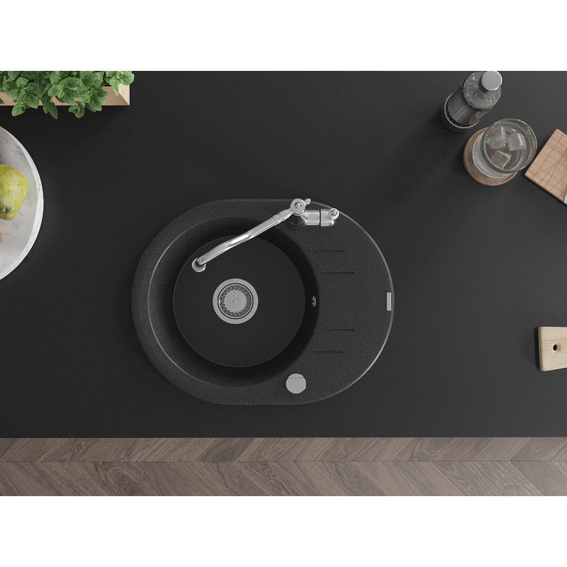 Mexen Kevin granite sink single-bowl with drainer and Carla kitchen tap, black/silver metallic - 6517-73-670700-00