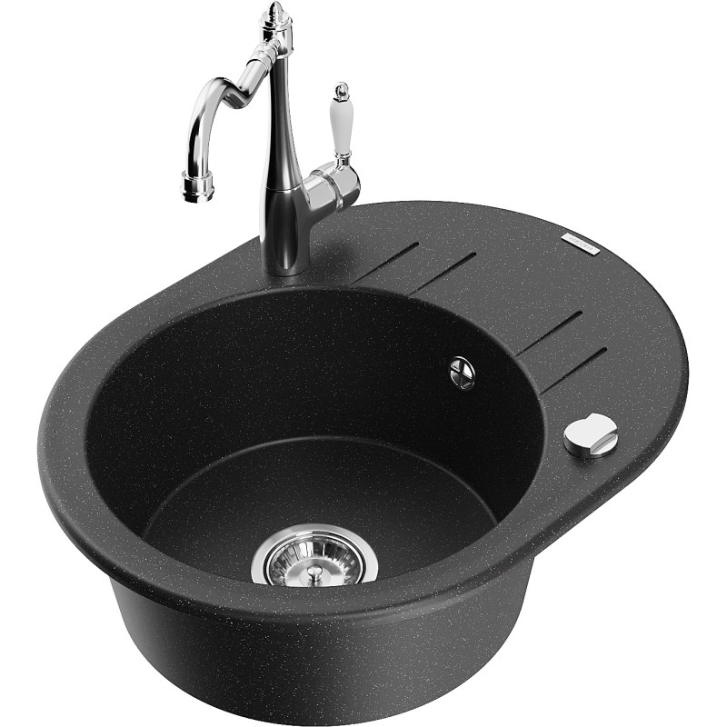 Mexen Kevin granite kitchen sink 1-bowl with drainer and kitchen faucet Carla, black/silver metallic - 6517-73-670700-00