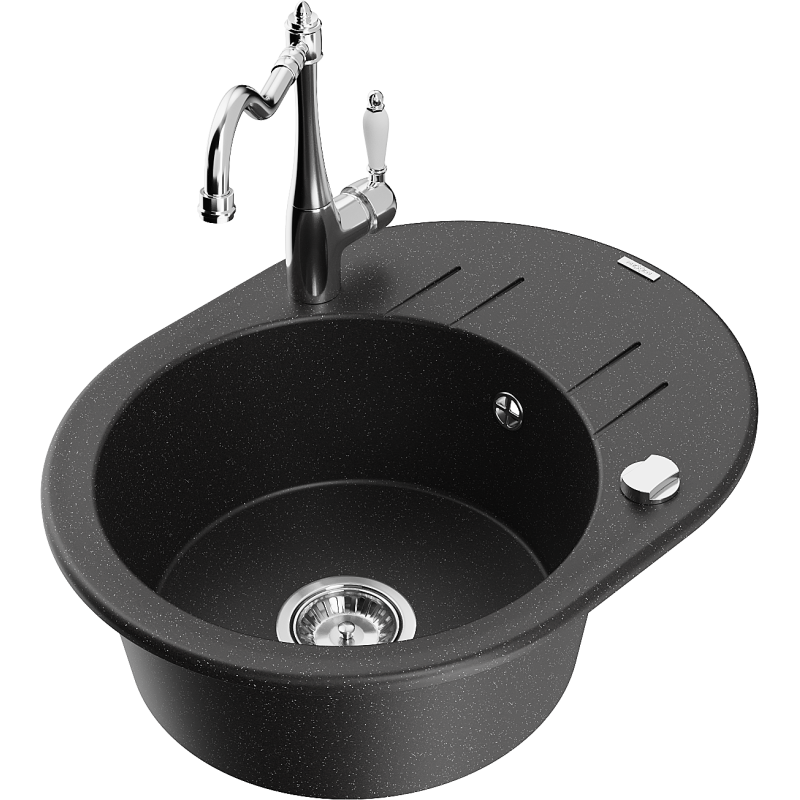 Mexen Kevin granite sink single-bowl with drainer and Carla kitchen tap, black/silver metallic - 6517-73-670700-00
