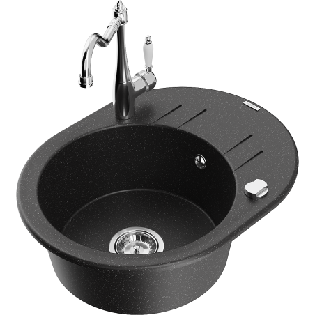 Mexen Kevin granite kitchen sink 1-bowl with drainer and kitchen faucet Carla, black/silver metallic - 6517-73-670700-00